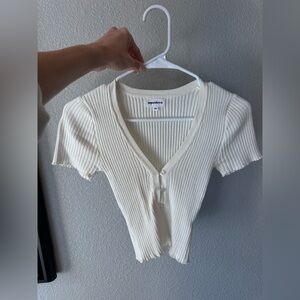 Superdown Cream Ribbed V-Neck Short Sleeve Top